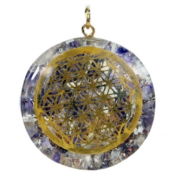 Orgonite pendentif disque - Fleur de Vie Améthyste et cristal de roche